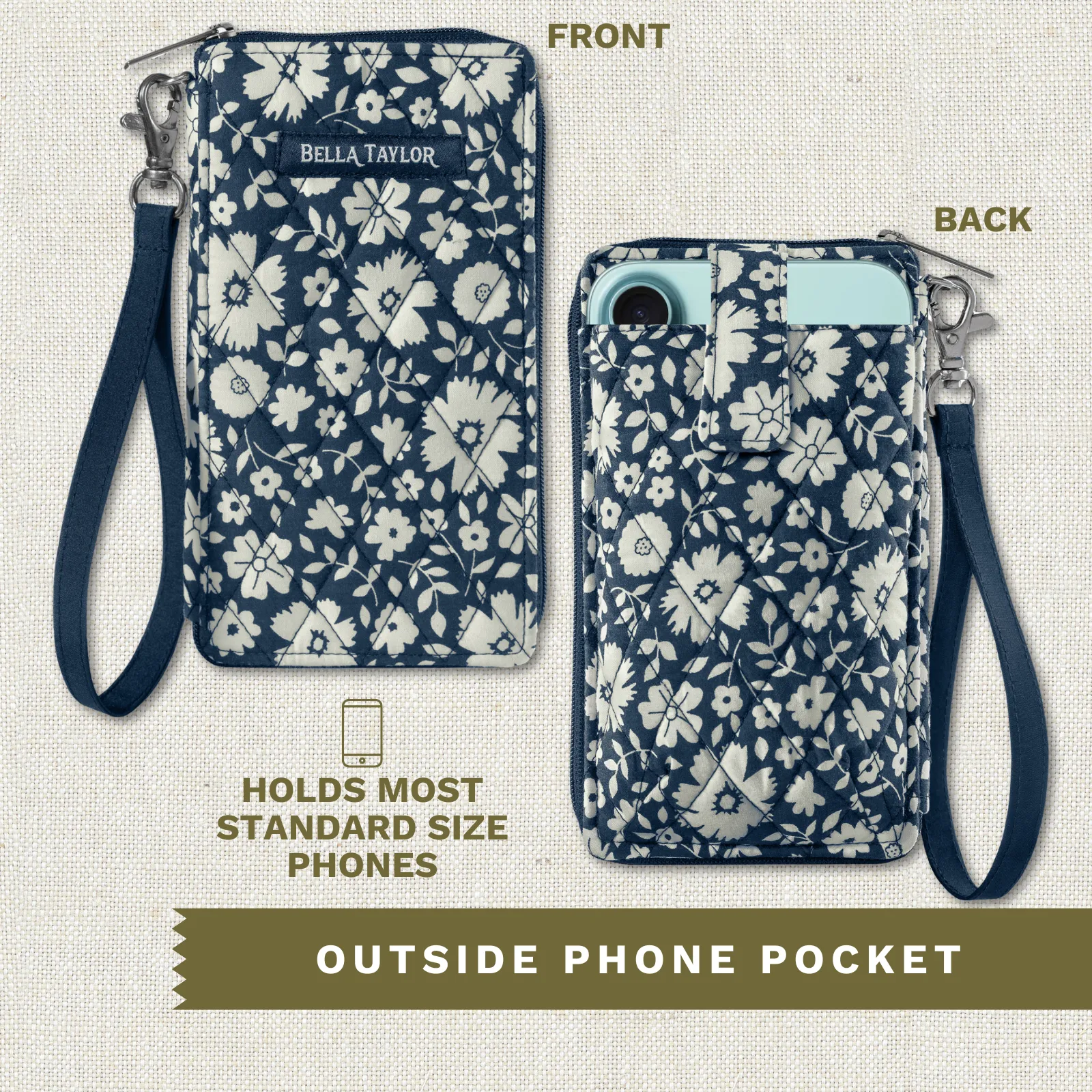 Bicolor Floral Navy Cell Phone Wristlet