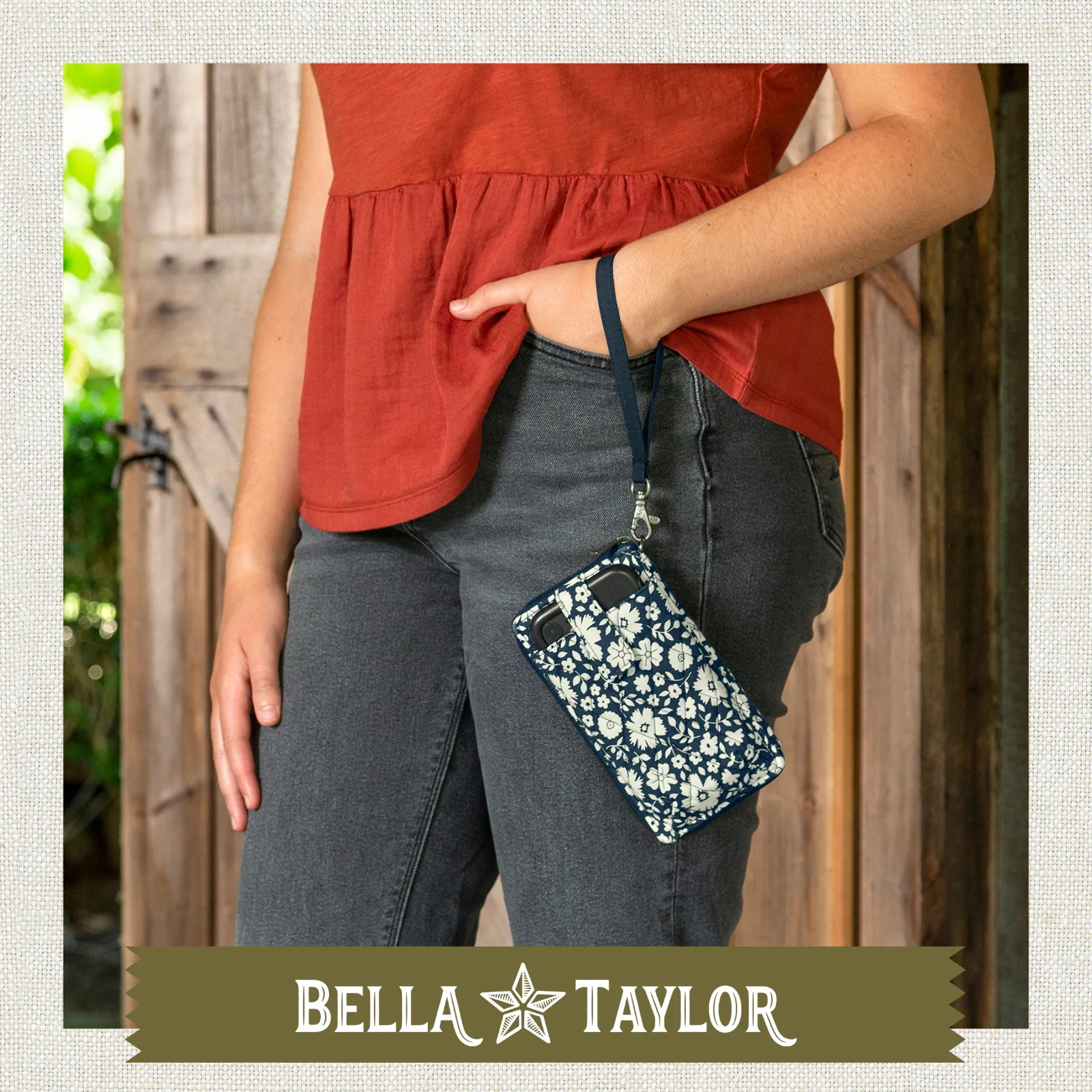 Bicolor Floral Navy Cell Phone Wristlet