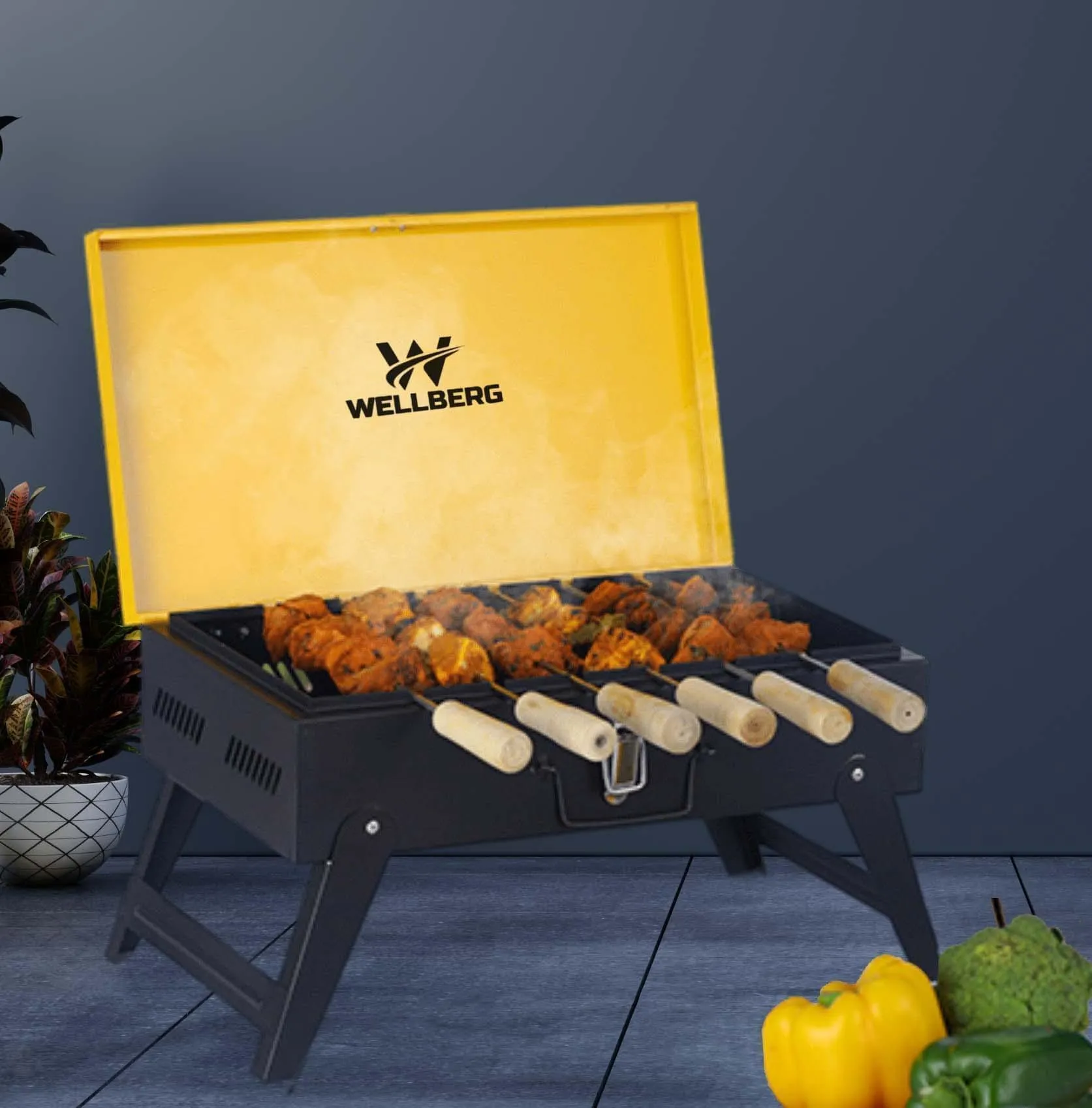 Briefcase Charcoal Barbecue Grill with 8 skewers, 1 Grill, 1 Tong (Yellow)