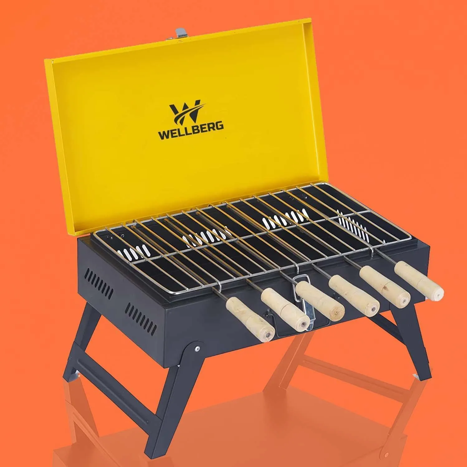 Briefcase Charcoal Barbecue Grill with 8 skewers, 1 Grill, 1 Tong (Yellow)