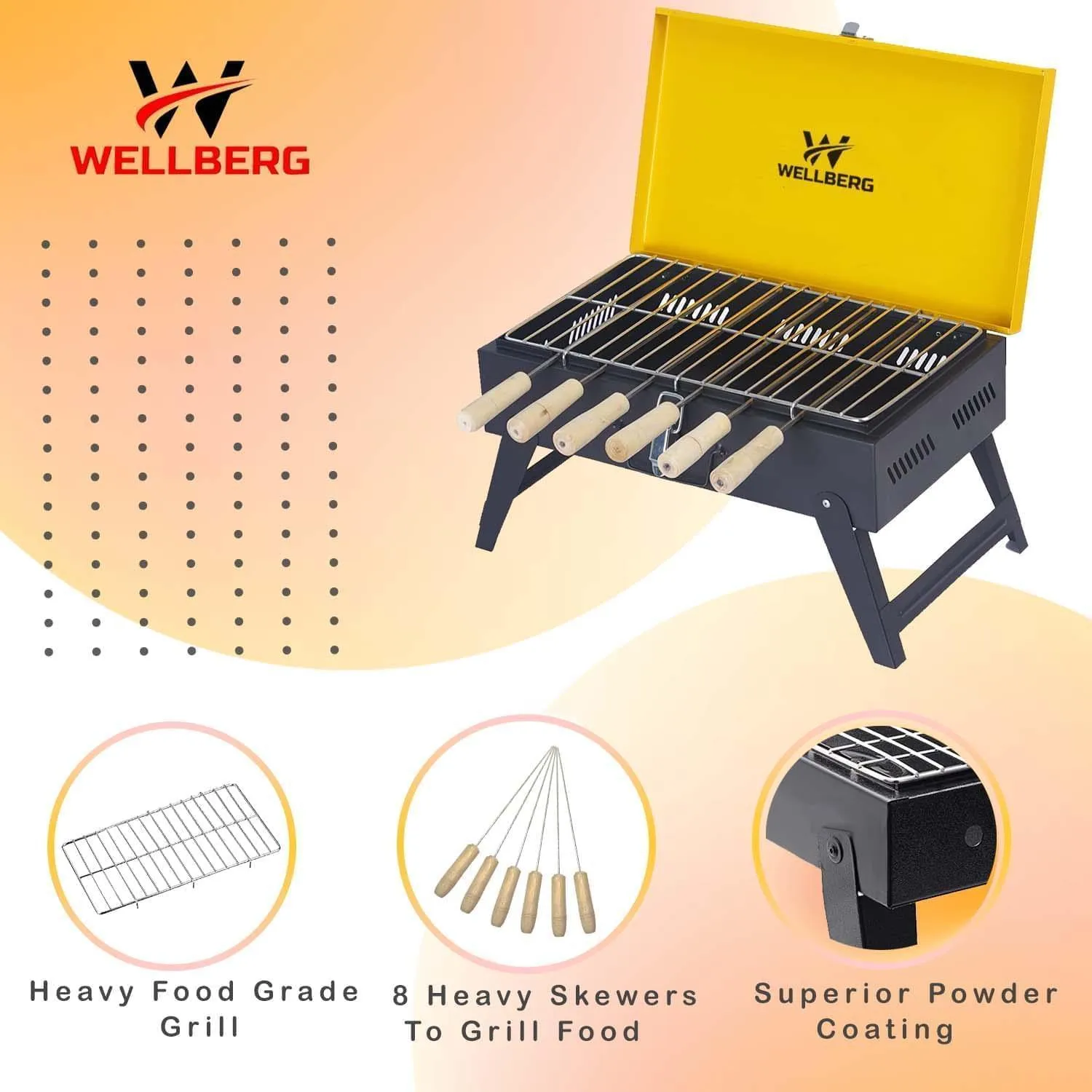 Briefcase Charcoal Barbecue Grill with 8 skewers, 1 Grill, 1 Tong (Yellow)