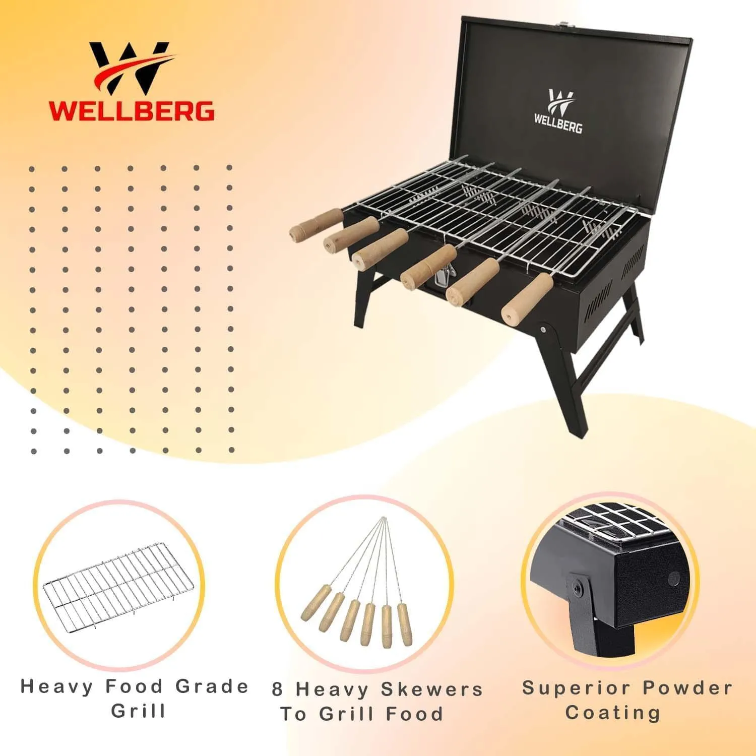 Briefcase Charcoal Barbecue Grill with 8 skewers, 1 Grill, 1 Tong