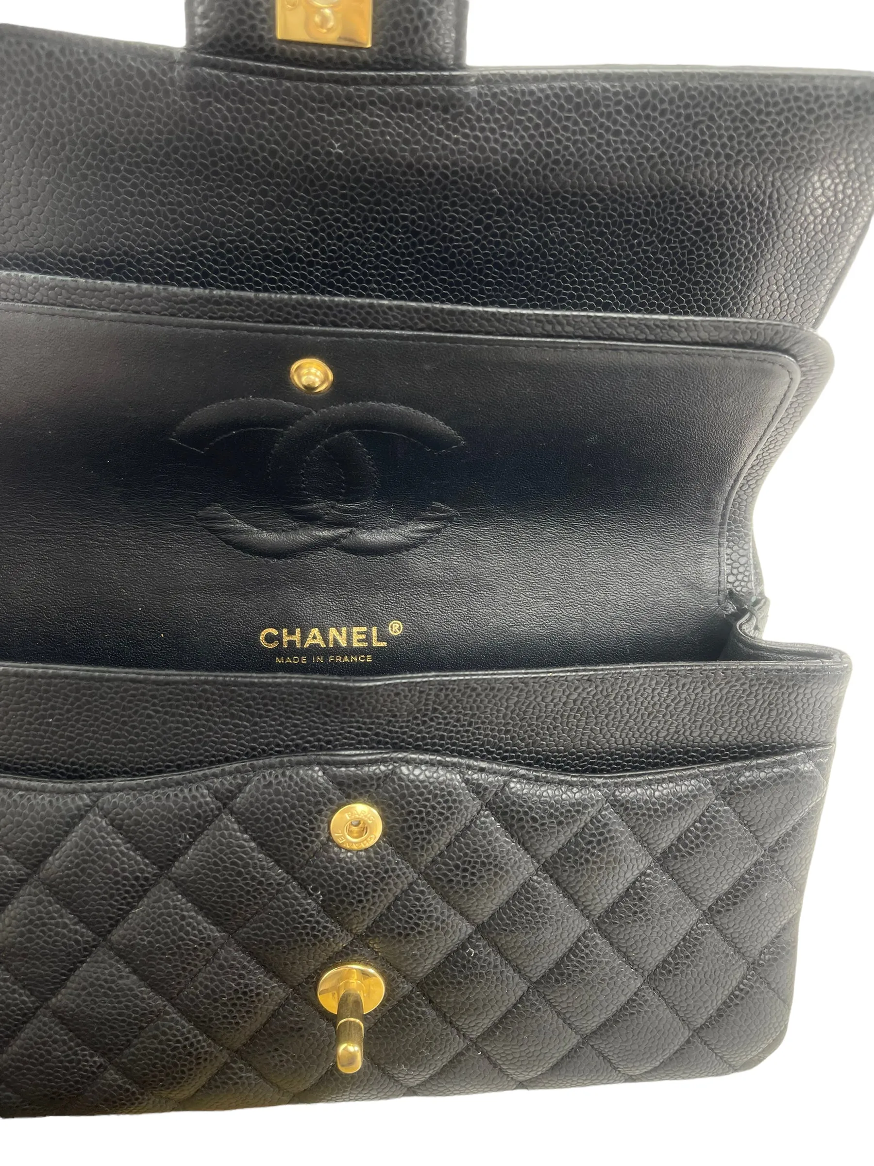 Chanel Classic Black Quilted Caviar Leather Medium Double Flap