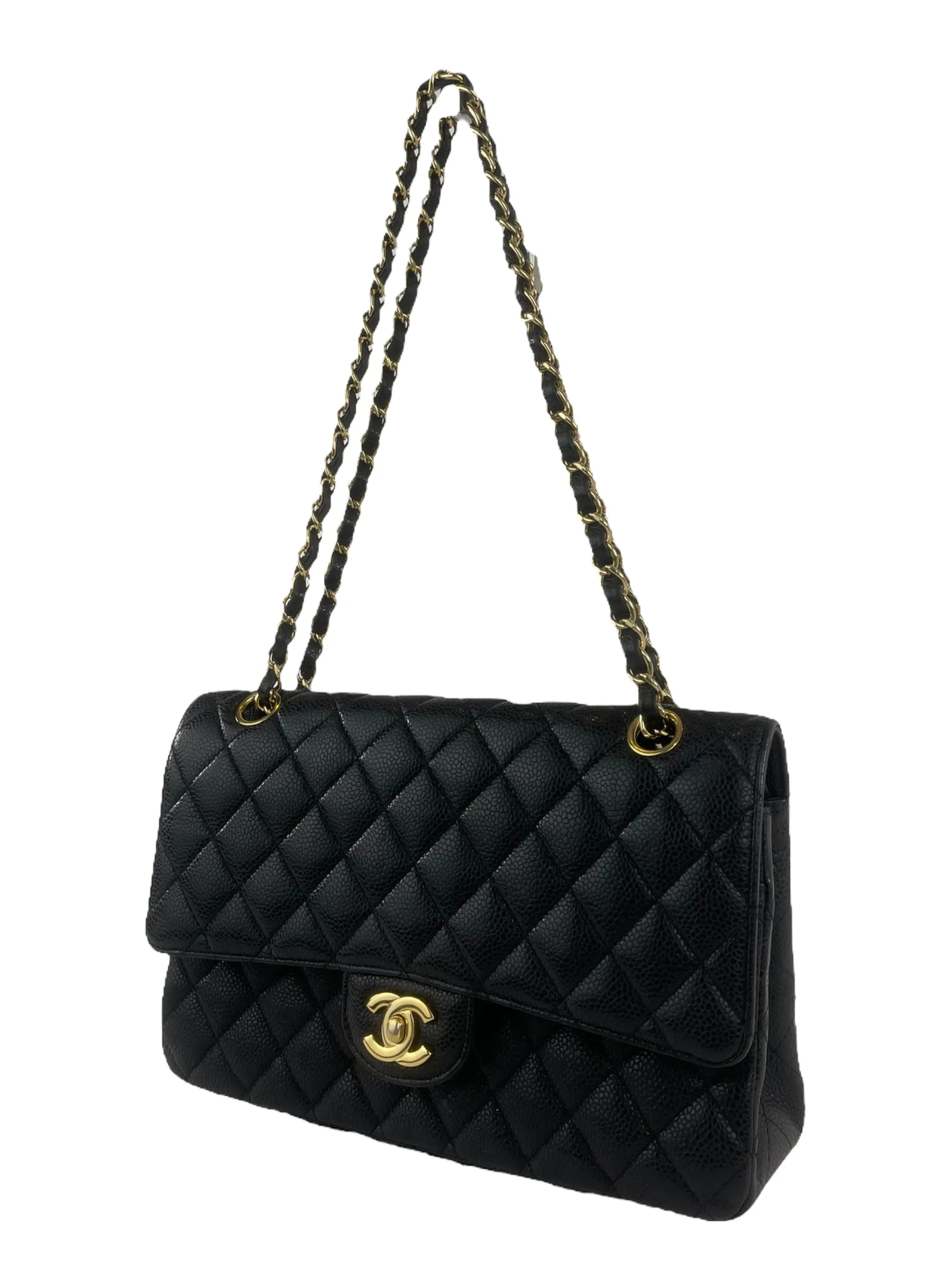 Chanel Classic Black Quilted Caviar Leather Medium Double Flap