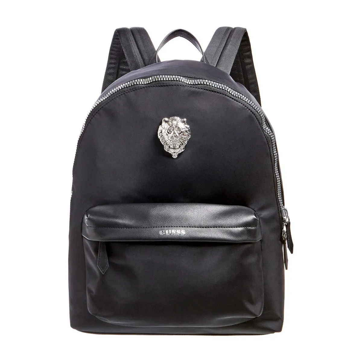 Guess King Men's Nylon Backpack In Black With Lion Metal Logo