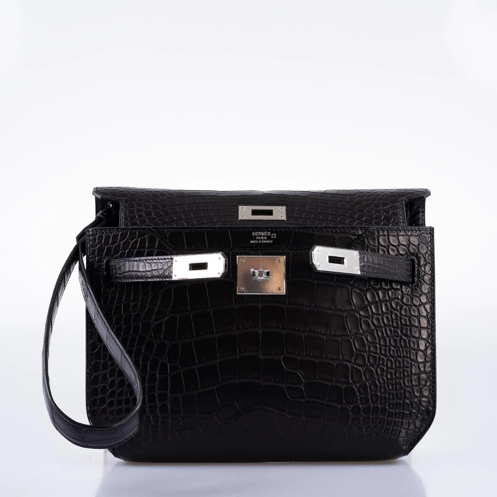 Hermès Kelly Depeches 25 Pochette Black Matte Alligator Palladium Hardware