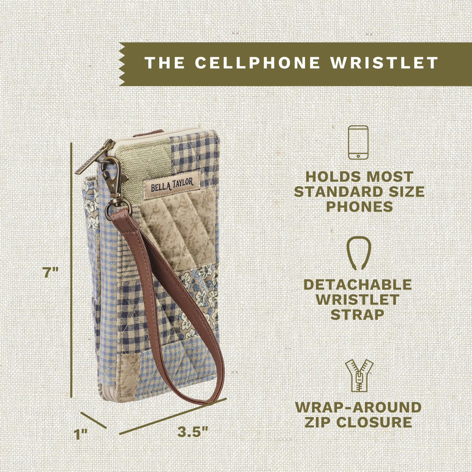 Khaki Patchwork RFID Cell Phone Wristlet