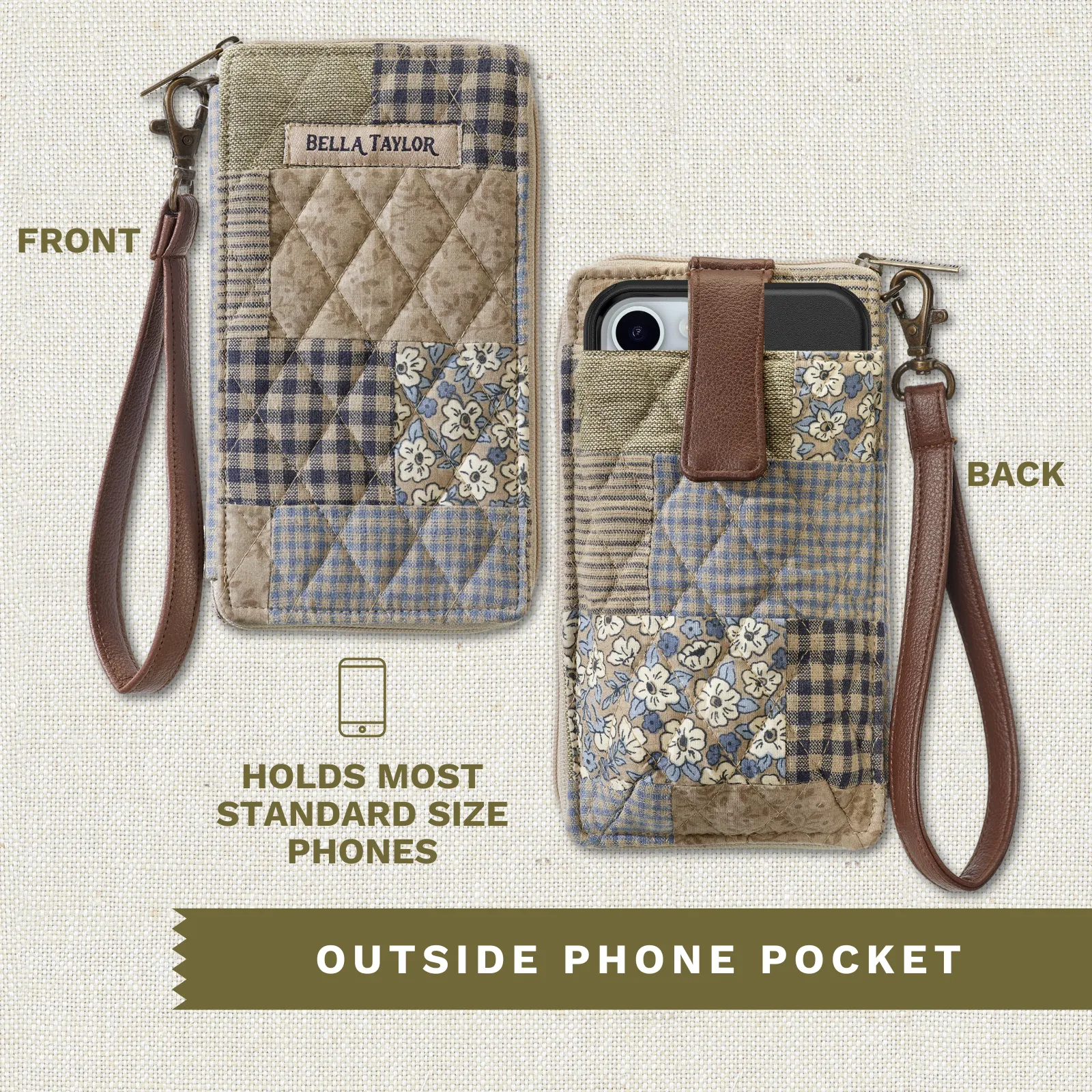 Khaki Patchwork RFID Cell Phone Wristlet