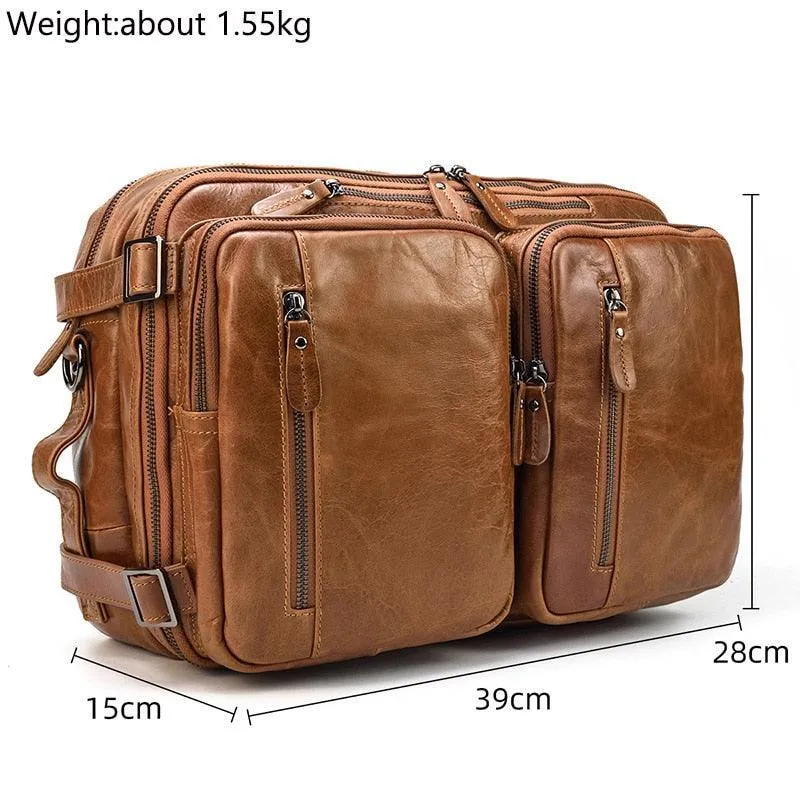 Mens Crazy Horse Leather Laptop Backpack Briefcase 3-In-1