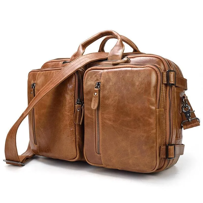 Mens Crazy Horse Leather Laptop Backpack Briefcase 3-In-1