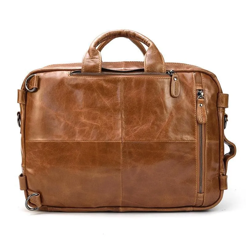 Mens Crazy Horse Leather Laptop Backpack Briefcase 3-In-1