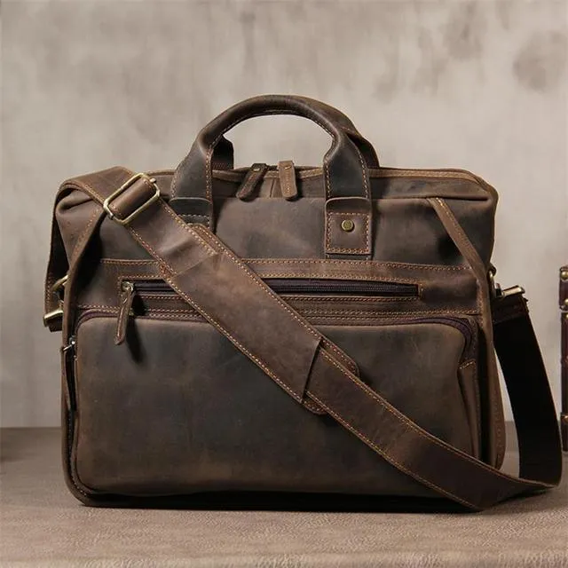 Vintage Leather Briefcase With Pockets Business Laptop Bag