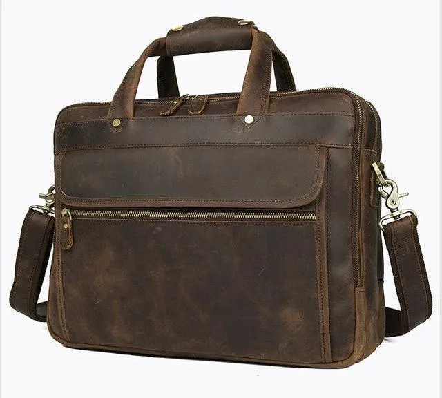 Vintage Leather Briefcase With Pockets Business Laptop Bag