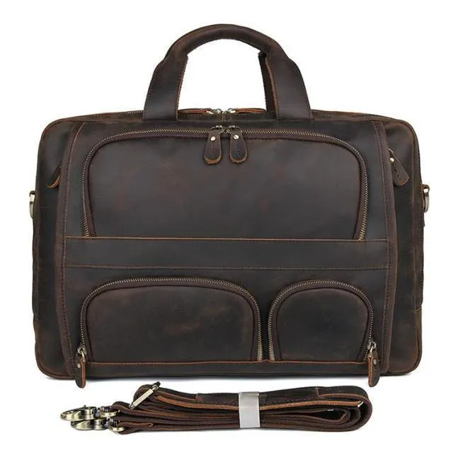 Vintage Leather Briefcase With Pockets Business Laptop Bag